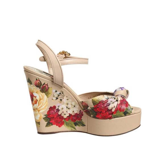 Dolce & Gabbana Beige Floral Ankle Strap Wedge Sandals Women's Shoes